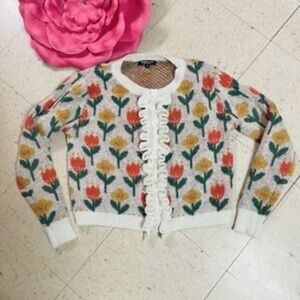 Floral Patterned Women's Sweater Cardigan Tulip New Spring Mod Retro Ruffle S